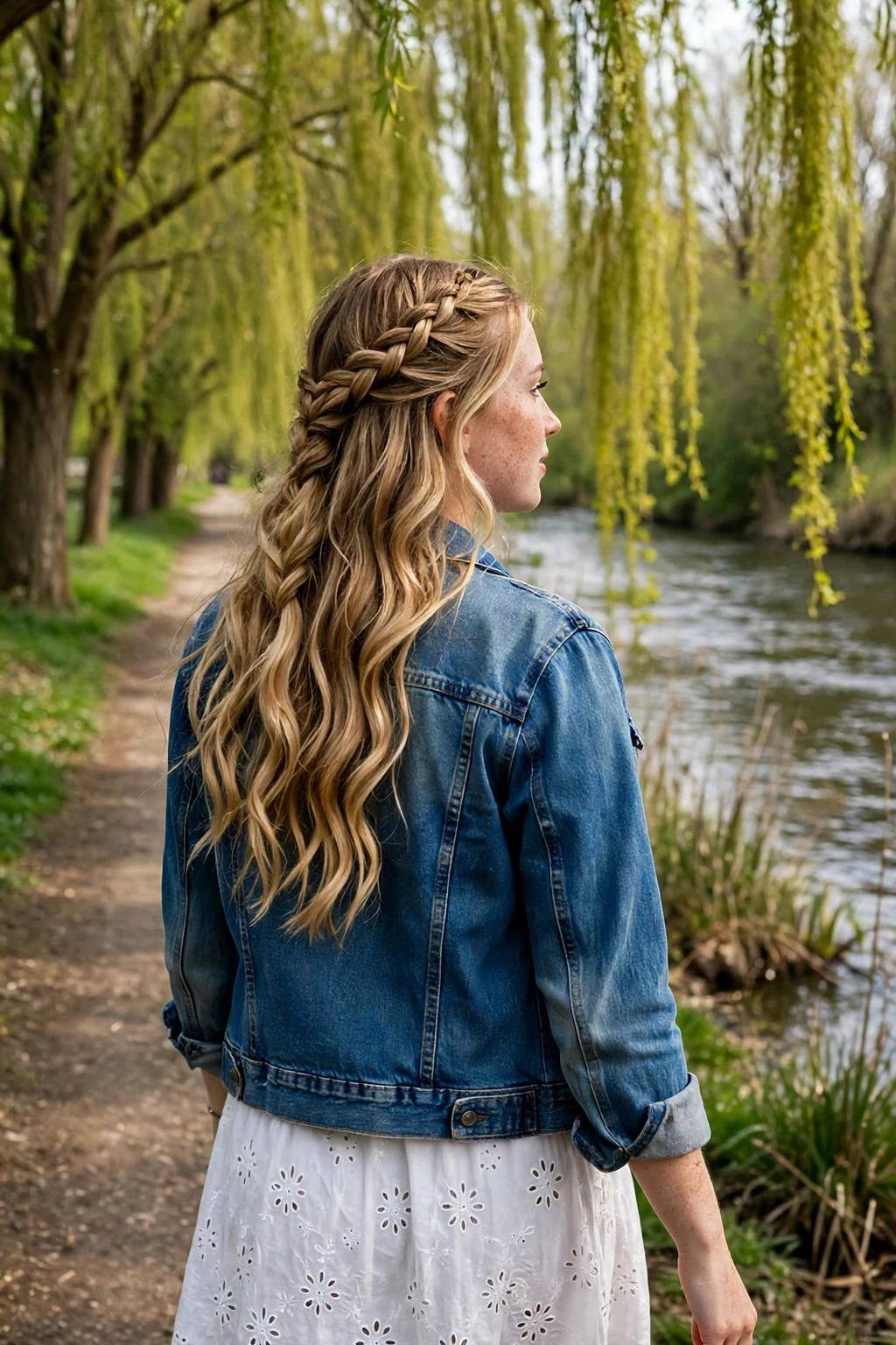 A young woman with a waterfall braid and cascading waves, walking along a riverside path in a white eyelet dress.