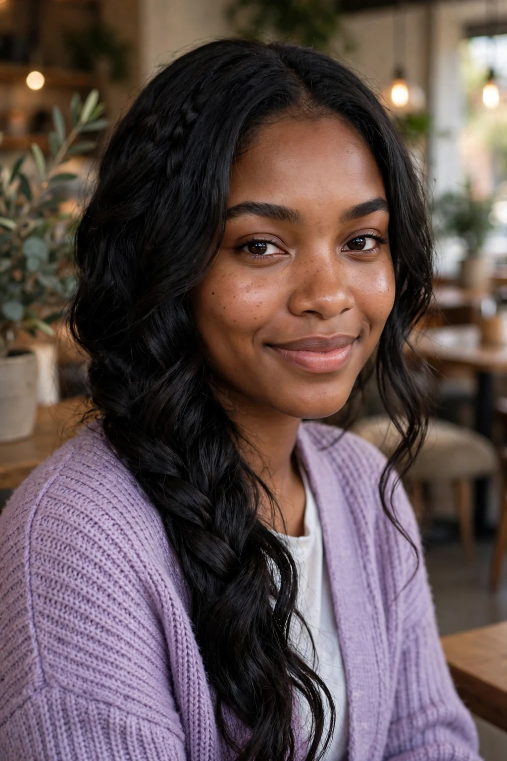 A young woman with a waterfall braid and loose waves, wearing a lavender cardigan in a cafe.