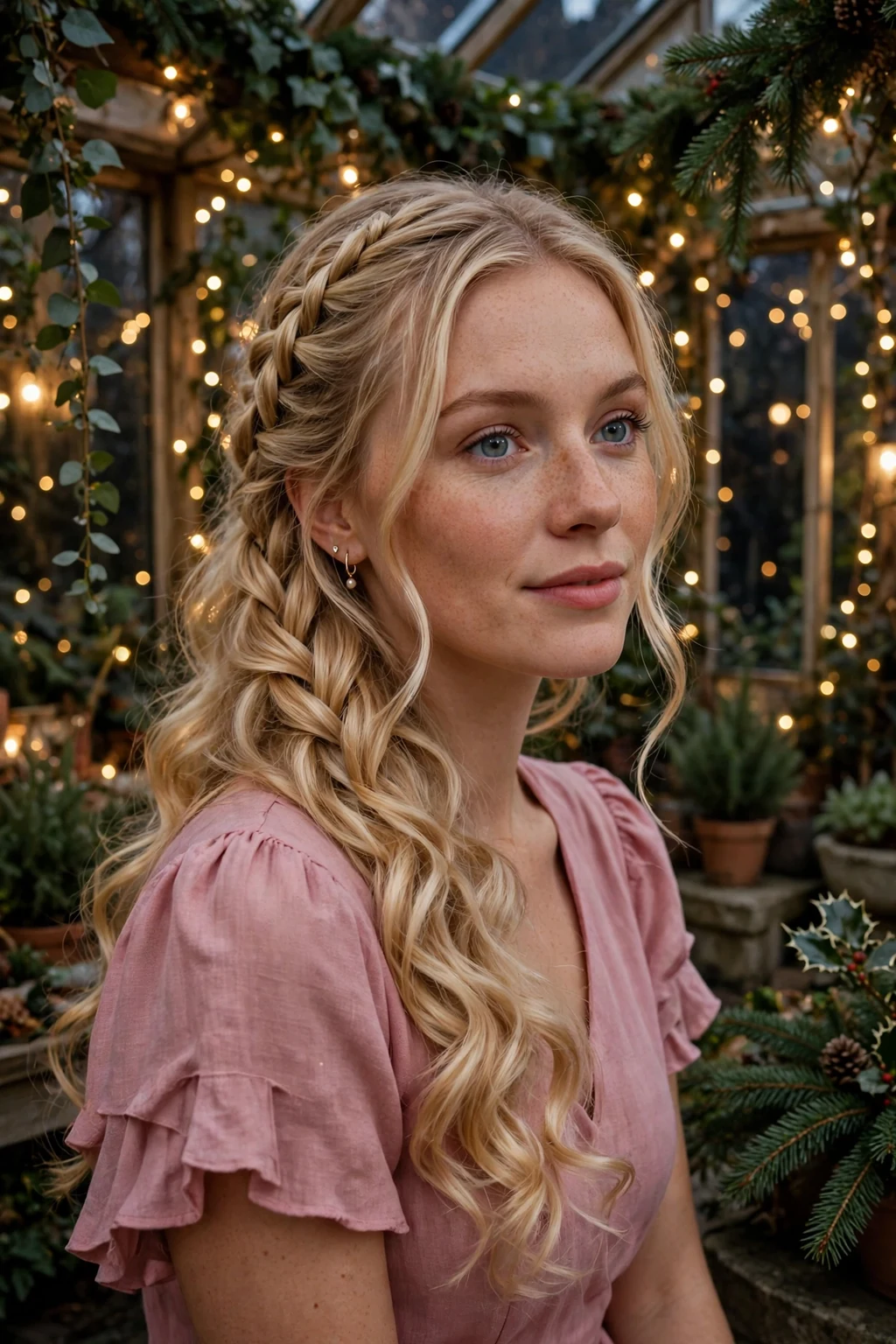 Young woman with a waterfall braid and soft curls, wearing a dusty pink dress.