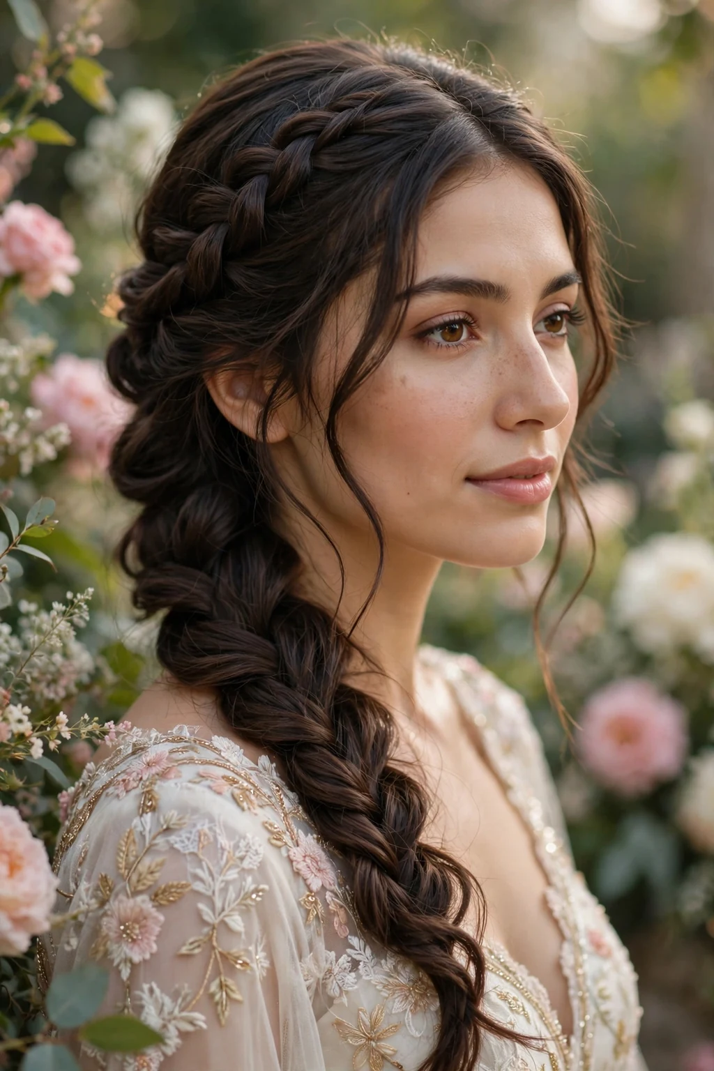 Beautiful bride with waterfall braid, romantic waterfall braid, dreamy light.