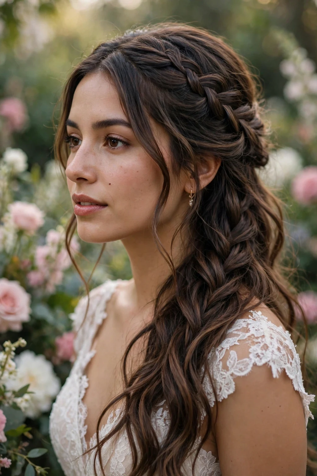 Beautiful woman with half-up with waterfall, romantic waterfall half-up, dreamy light.