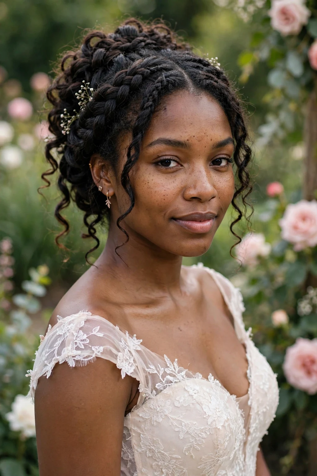 Beautiful woman with waterfall updo, romantic waterfall updo, soft light.