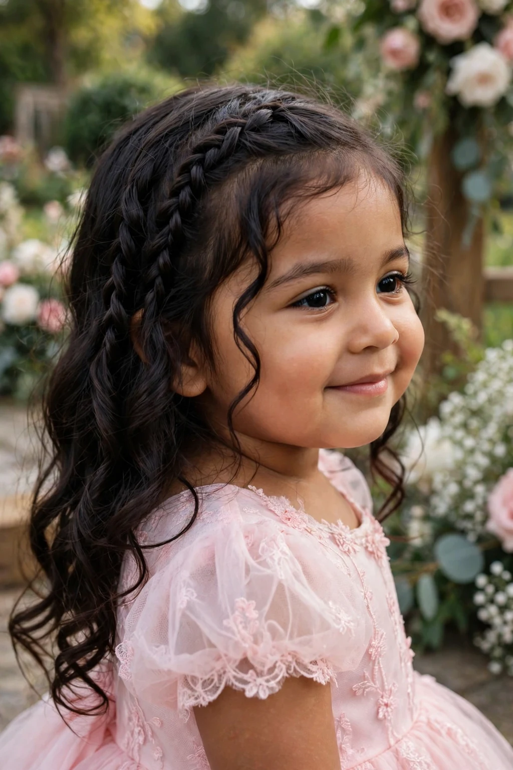 A toddler girl with waterfall twists hairstyle, wearing pastel pink gown, in garden wedding venue.
