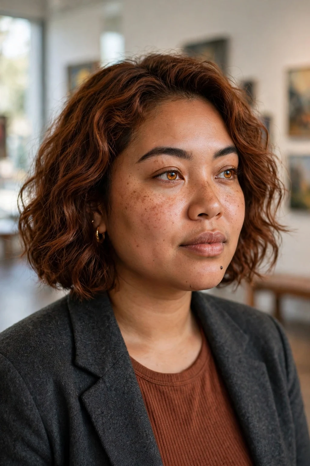 Young woman with a wavy A-line bob that is longer at the front.