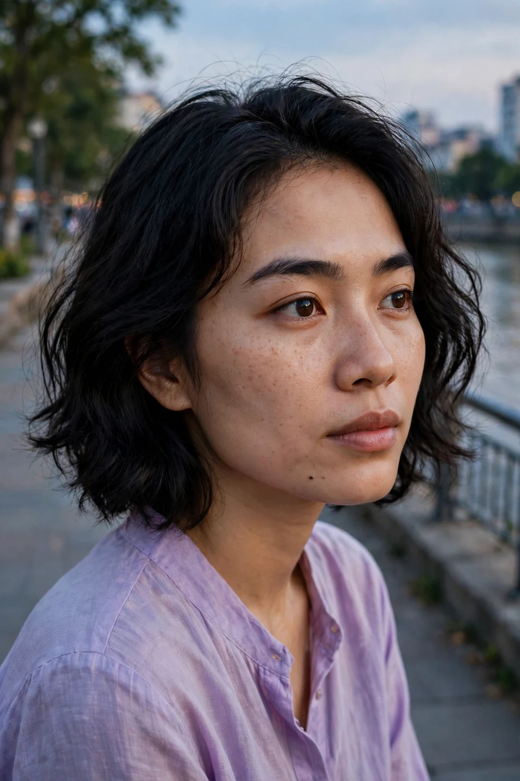 Young woman with a wavy asymmetrical bob, longer on one side.