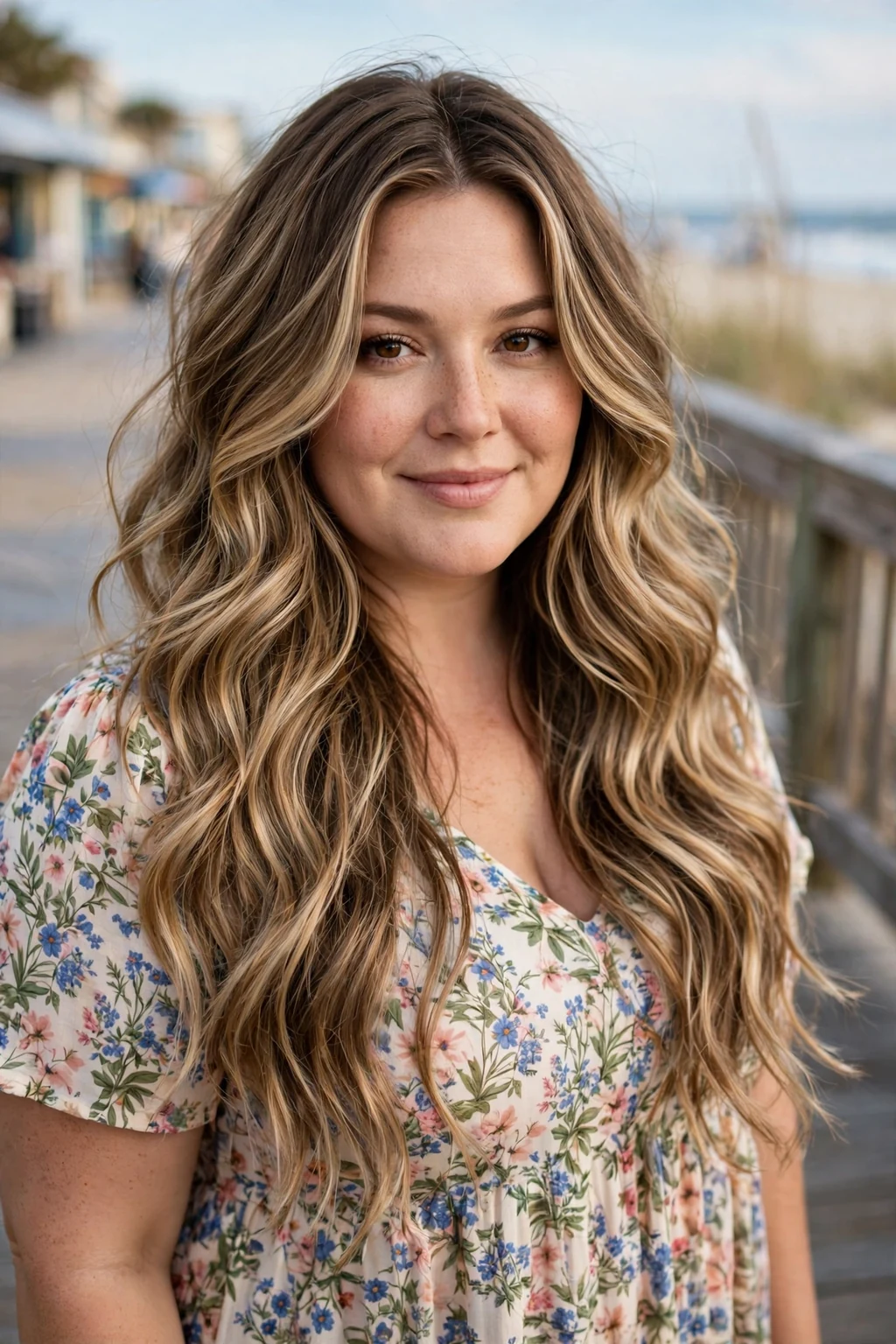 Plus-size woman in her thirties with wavy balayage layers, wearing a floral maxi dress on a beach boardwalk.