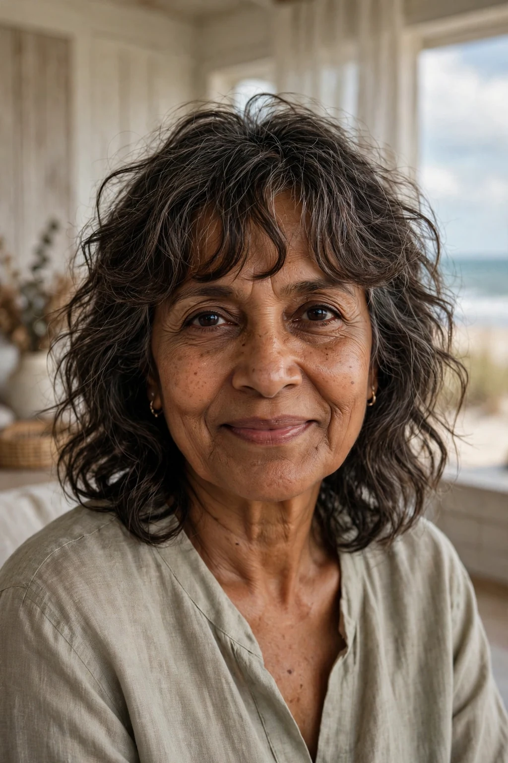 Beautiful older woman with wavy bangs, tousled wavy bangs, relaxed light.
