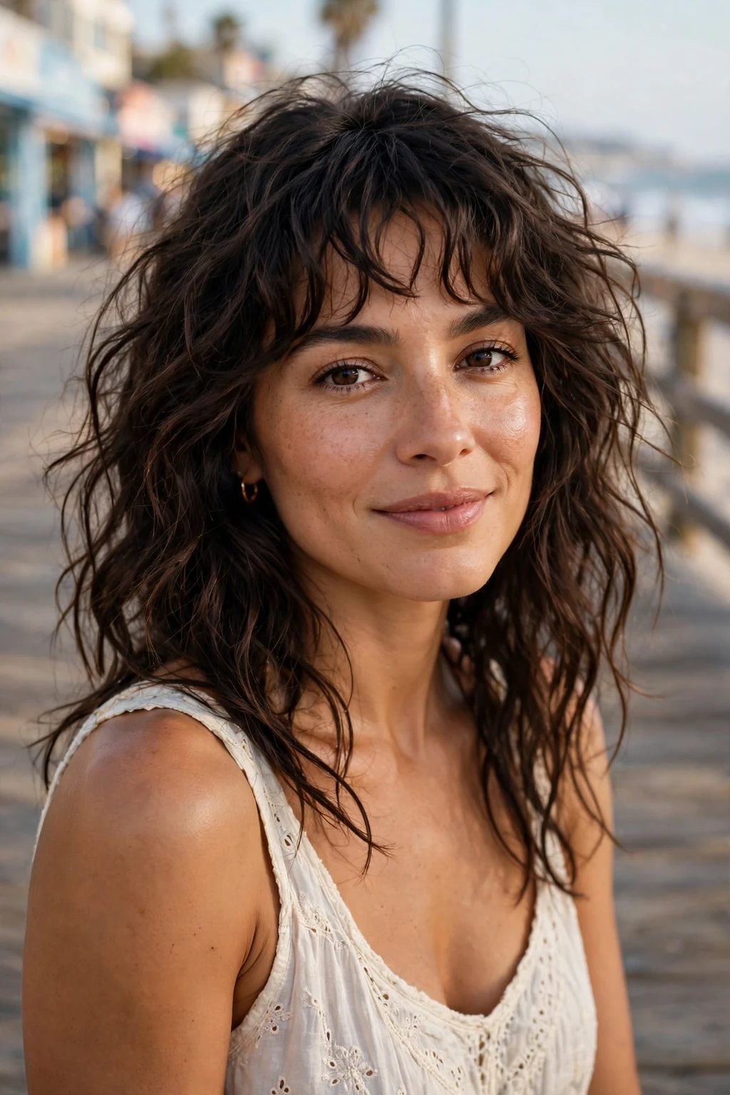 Beautiful woman with wavy bangs, tousled wavy bangs, beachy light.