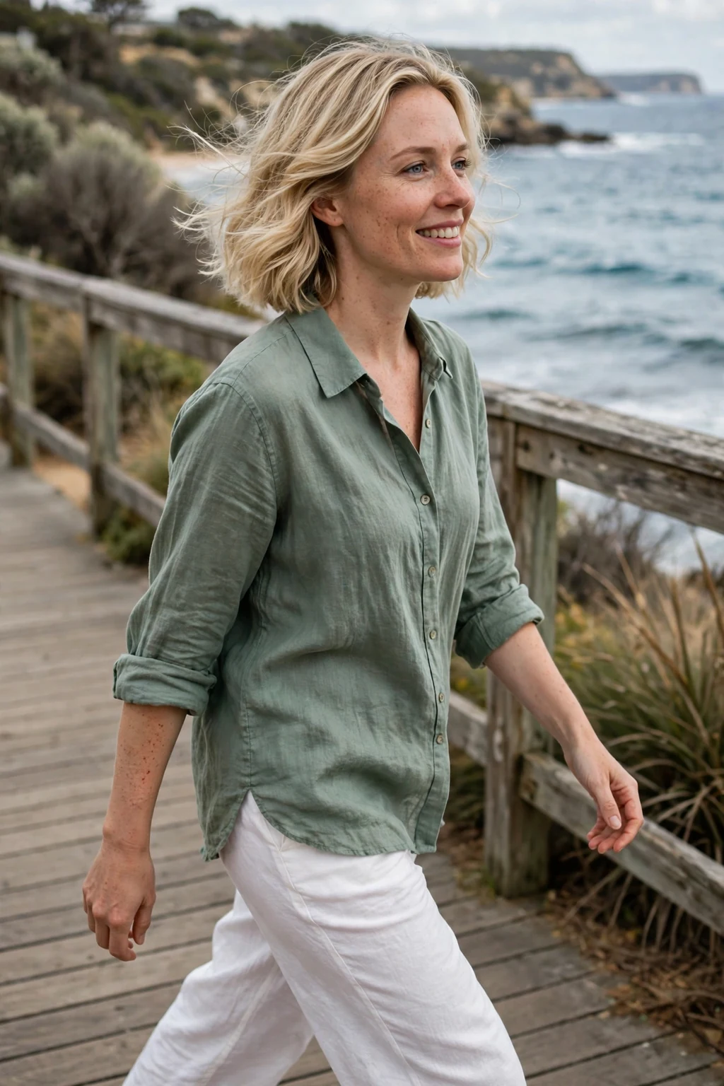 Young woman with a soft wavy bob with loose beachy waves that make fine hair look thicker.