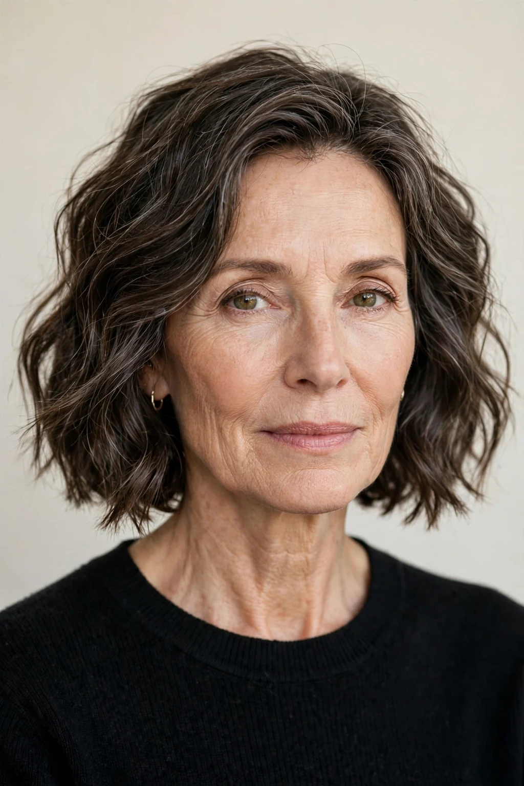 Elegant woman over 50 with wavy bob, soft effortless waves, relaxed light.