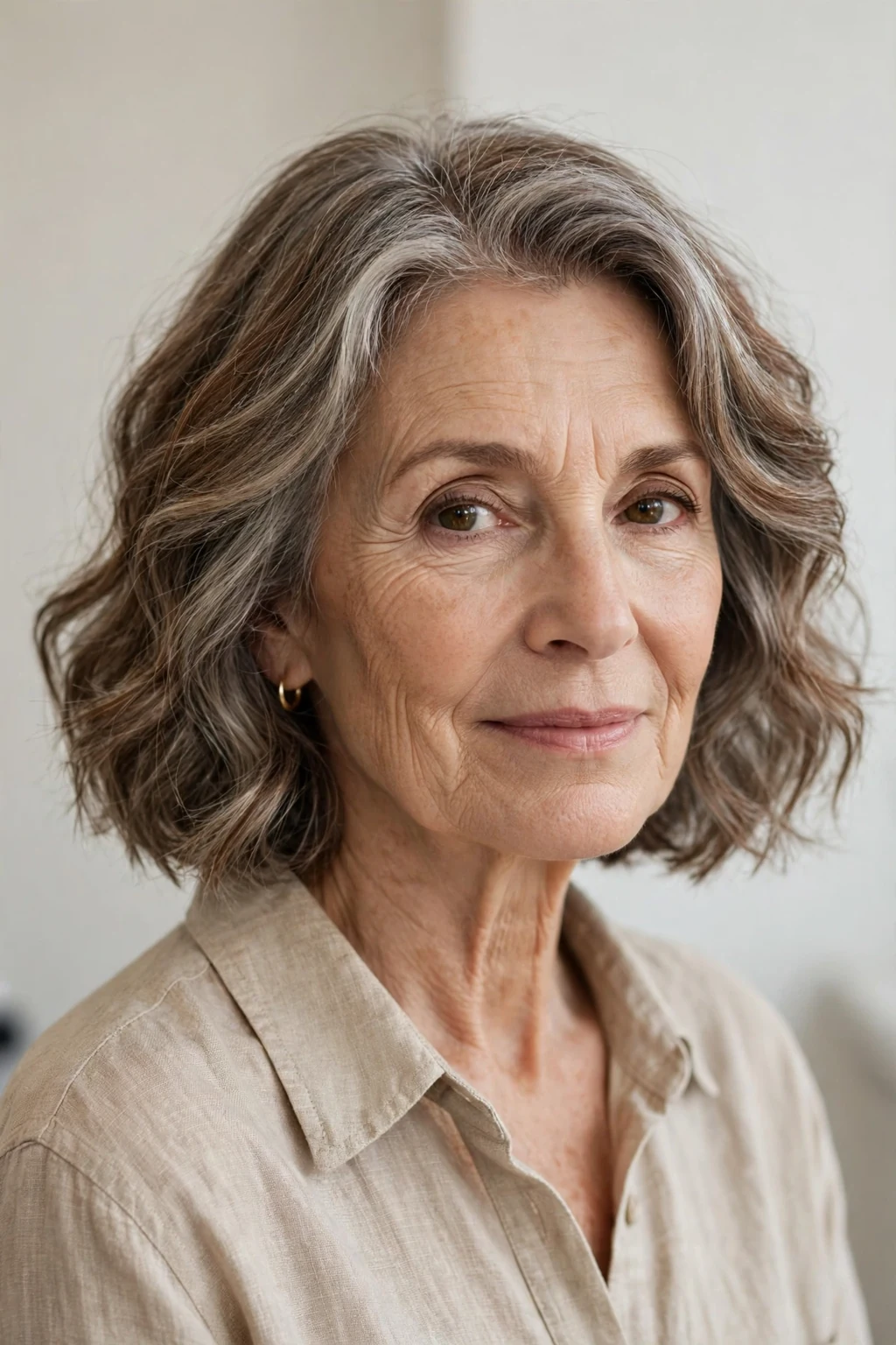 Elegant woman over 60 with wavy bob, soft natural waves, relaxed chic light.