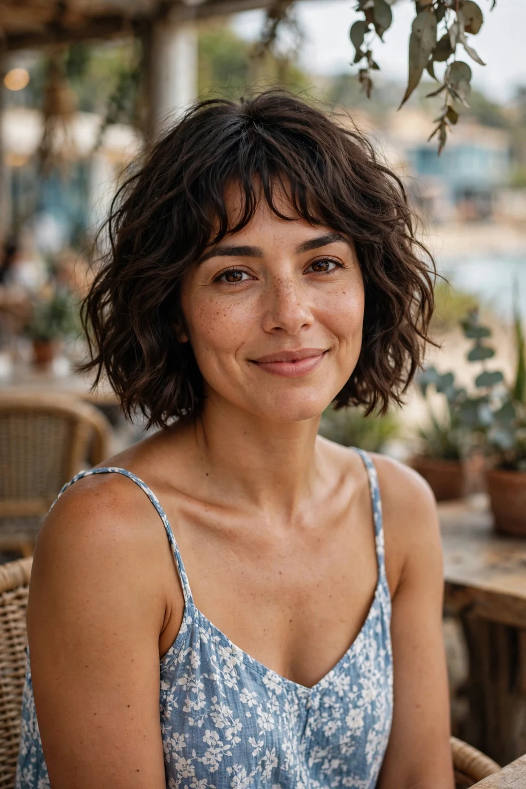 Beautiful woman with wavy bob bangs, tousled wavy bob bangs, beachy light.