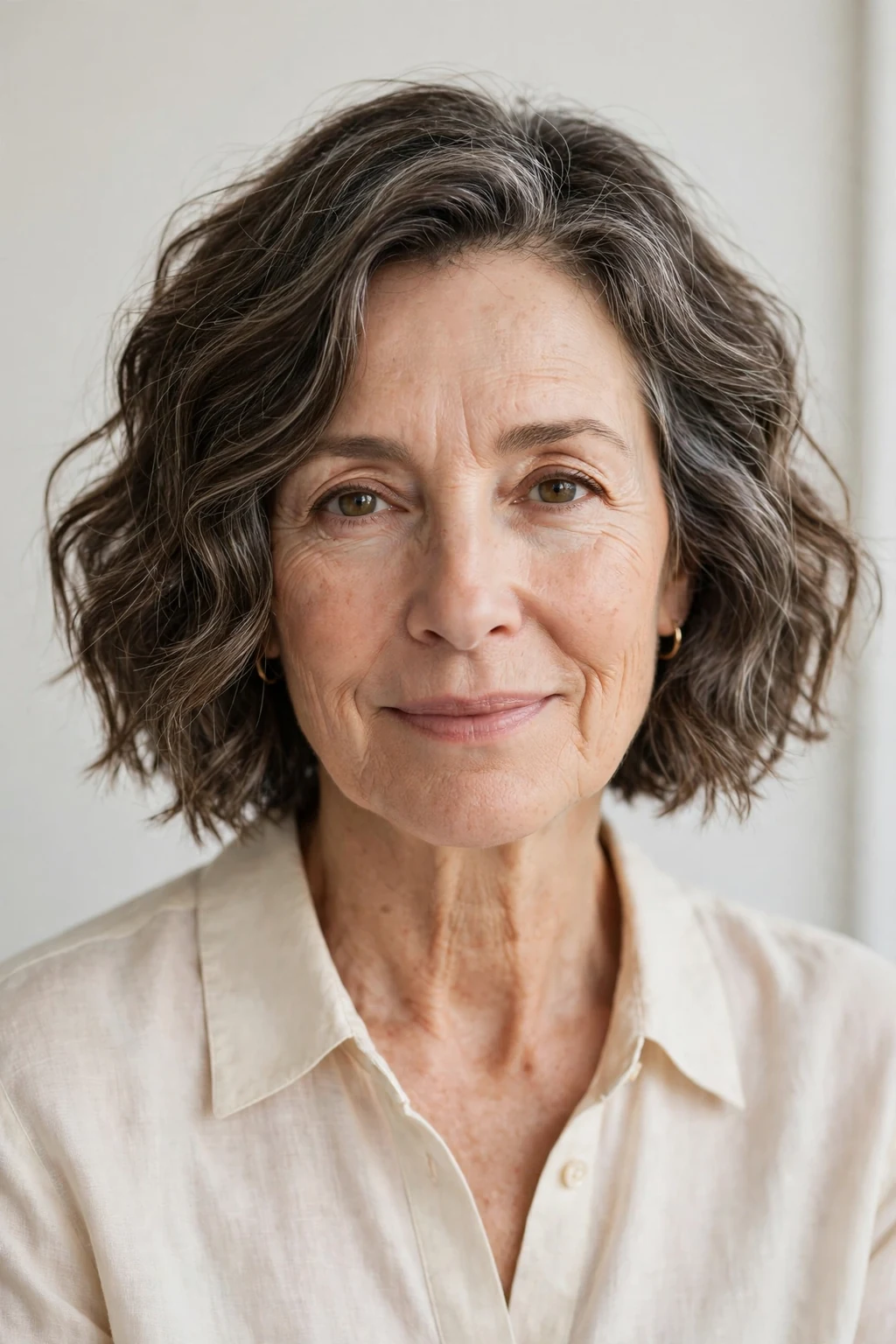 Elegant woman over 50 with wavy bob, soft effortless waves, relaxed light.