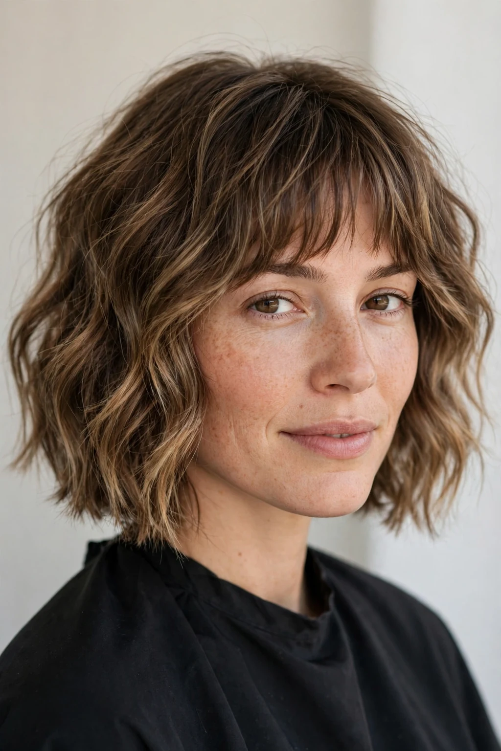 Woman with wavy bob and bangs, soft beachy waves with fringe, relaxed light.