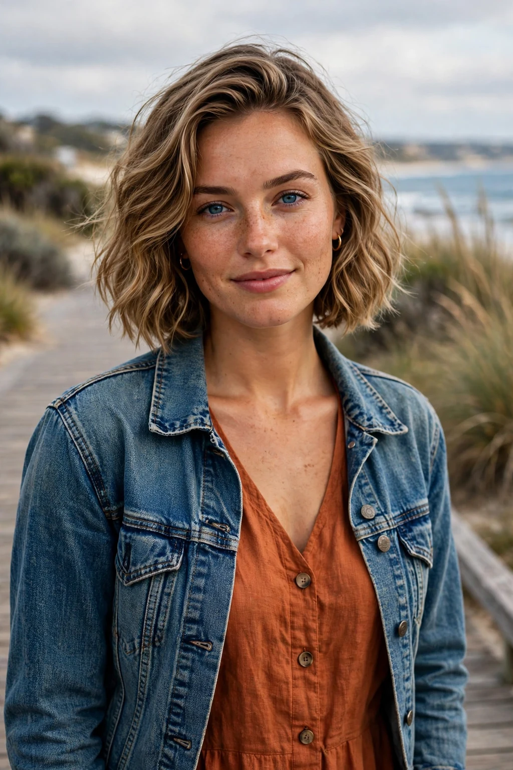 Young woman with a wavy bob haircut on a coastal boardwalk in a rust dress.