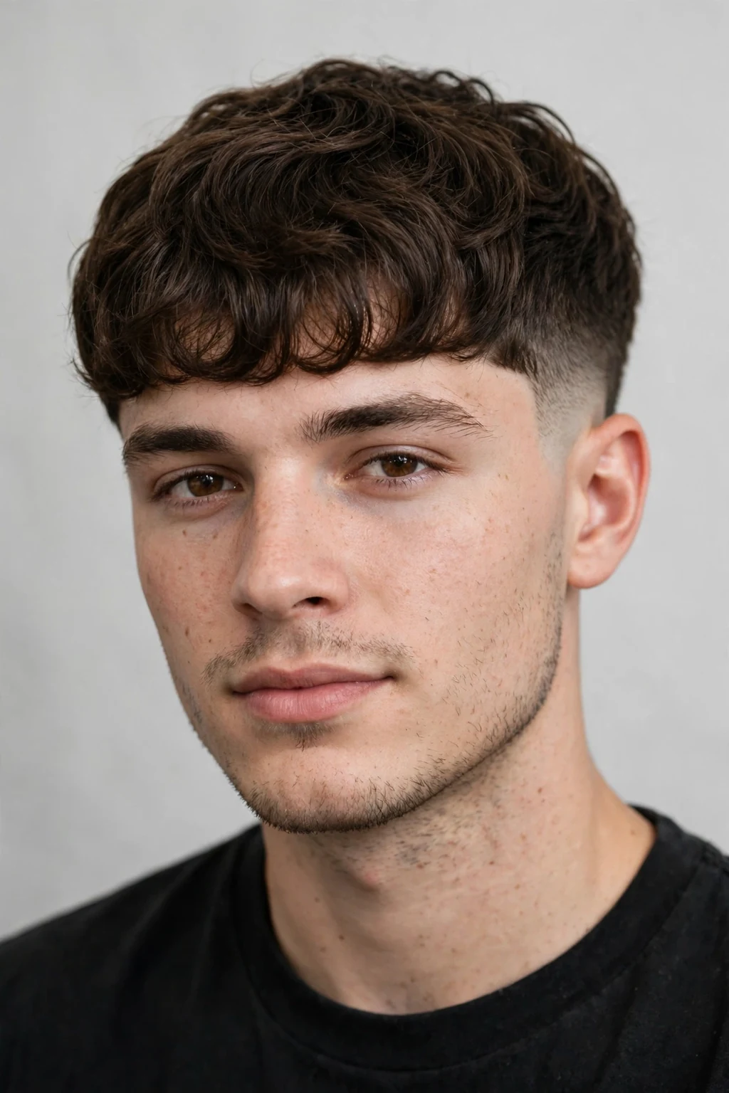 Man with wavy Edgar cut, soft waves in the fringe, relaxed barbershop lighting.