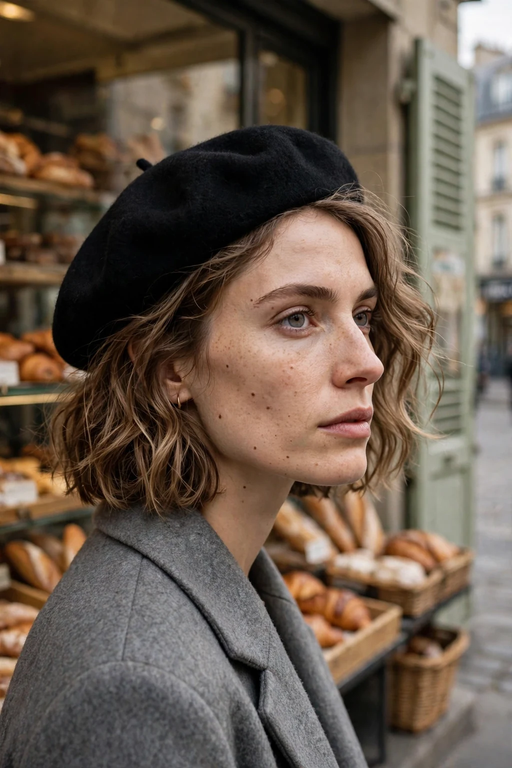 Young woman with a wavy French bob ending at the jawline.