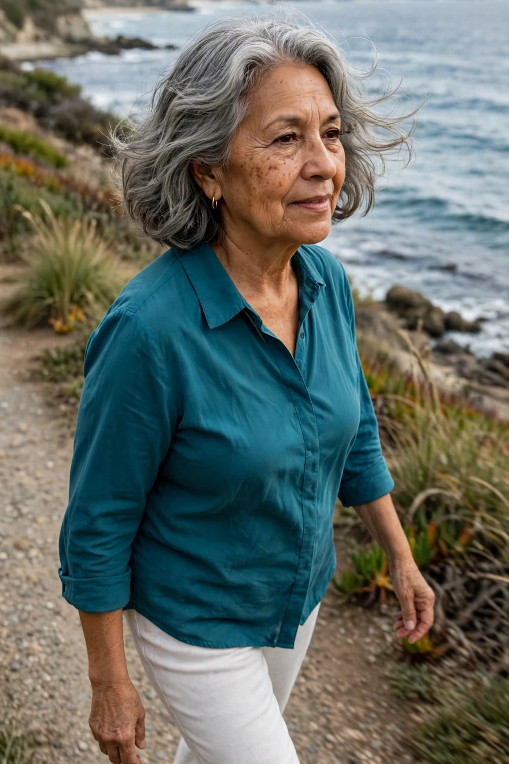 A mature Hispanic woman in her sixties with a wavy gray bob, wearing a teal blouse on a coastal path.