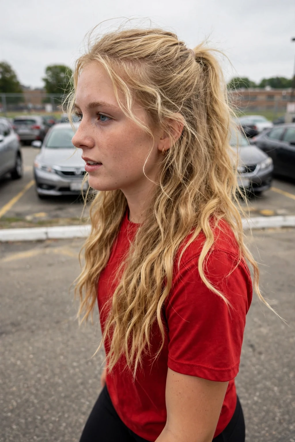 Young softball player with a wavy half-up ponytail, walking through the parking lot.