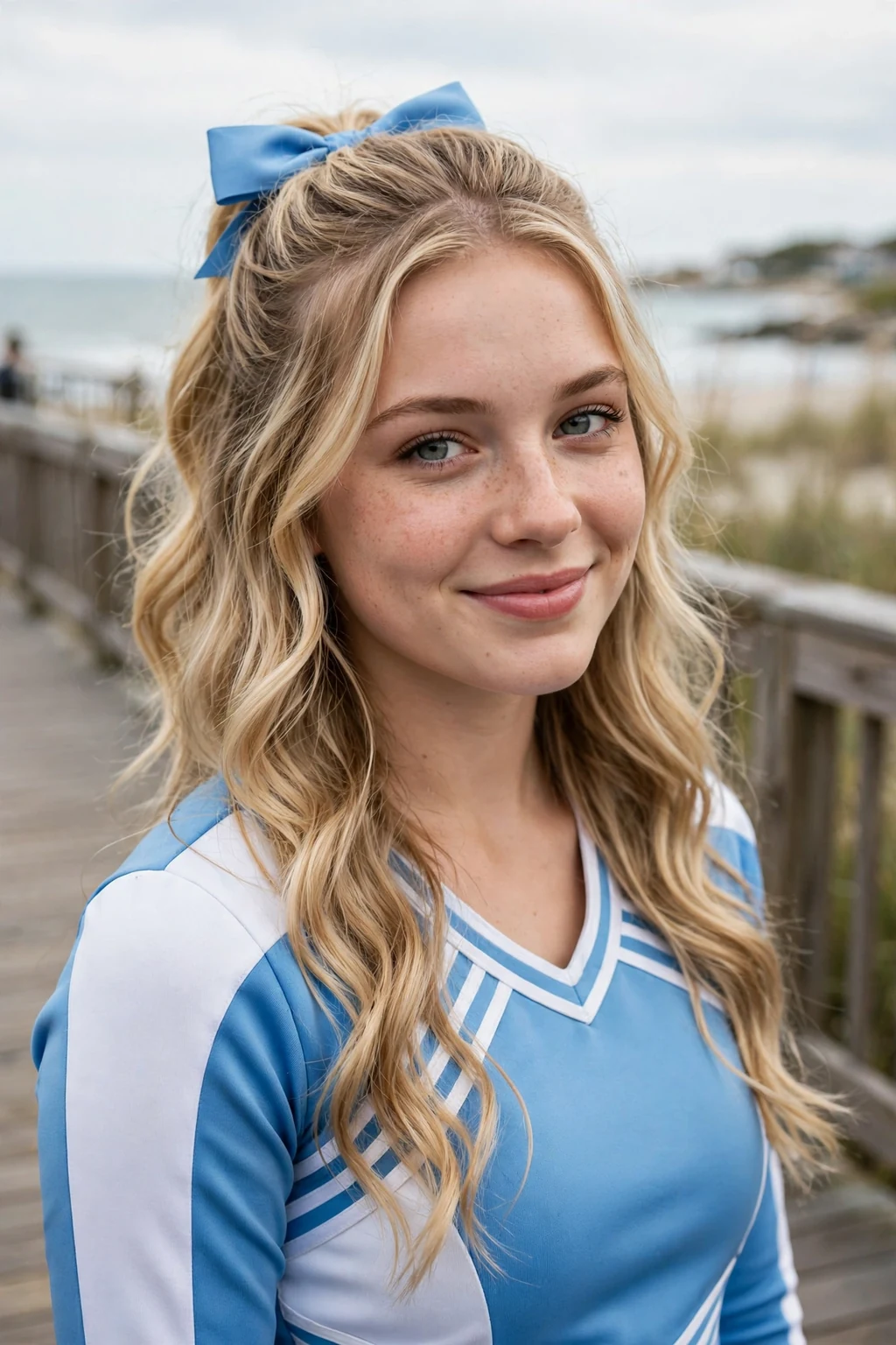Young cheerleader with wavy half-up hair and a sky blue bow, on a beach boardwalk near school.