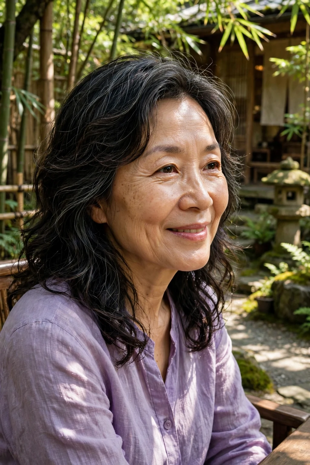 Mature East Asian woman in her late fifties with a wavy layered haircut, wearing a lavender blouse in a tea house garden.