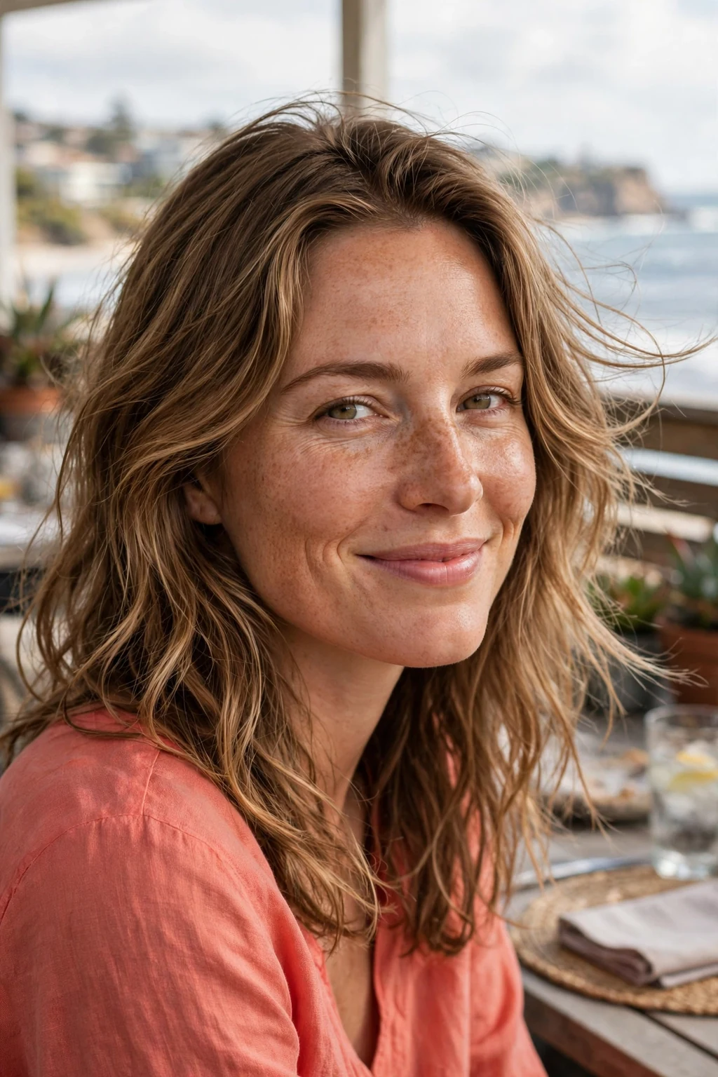Young woman with wavy medium layers, sitting on a coastal cafe patio wearing a coral top.