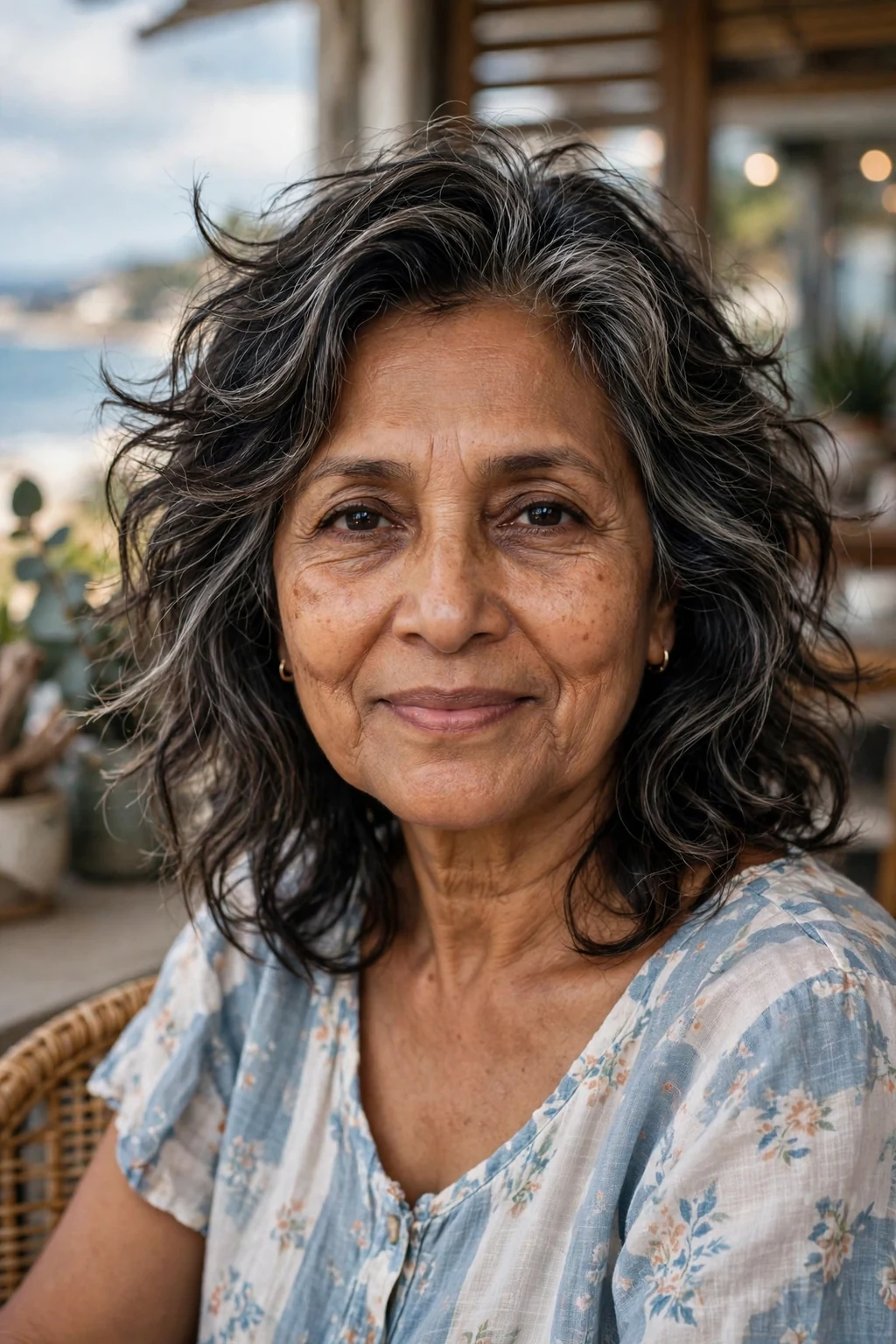 Beautiful older woman with wavy layers, tousled wavy layers, beachy light.