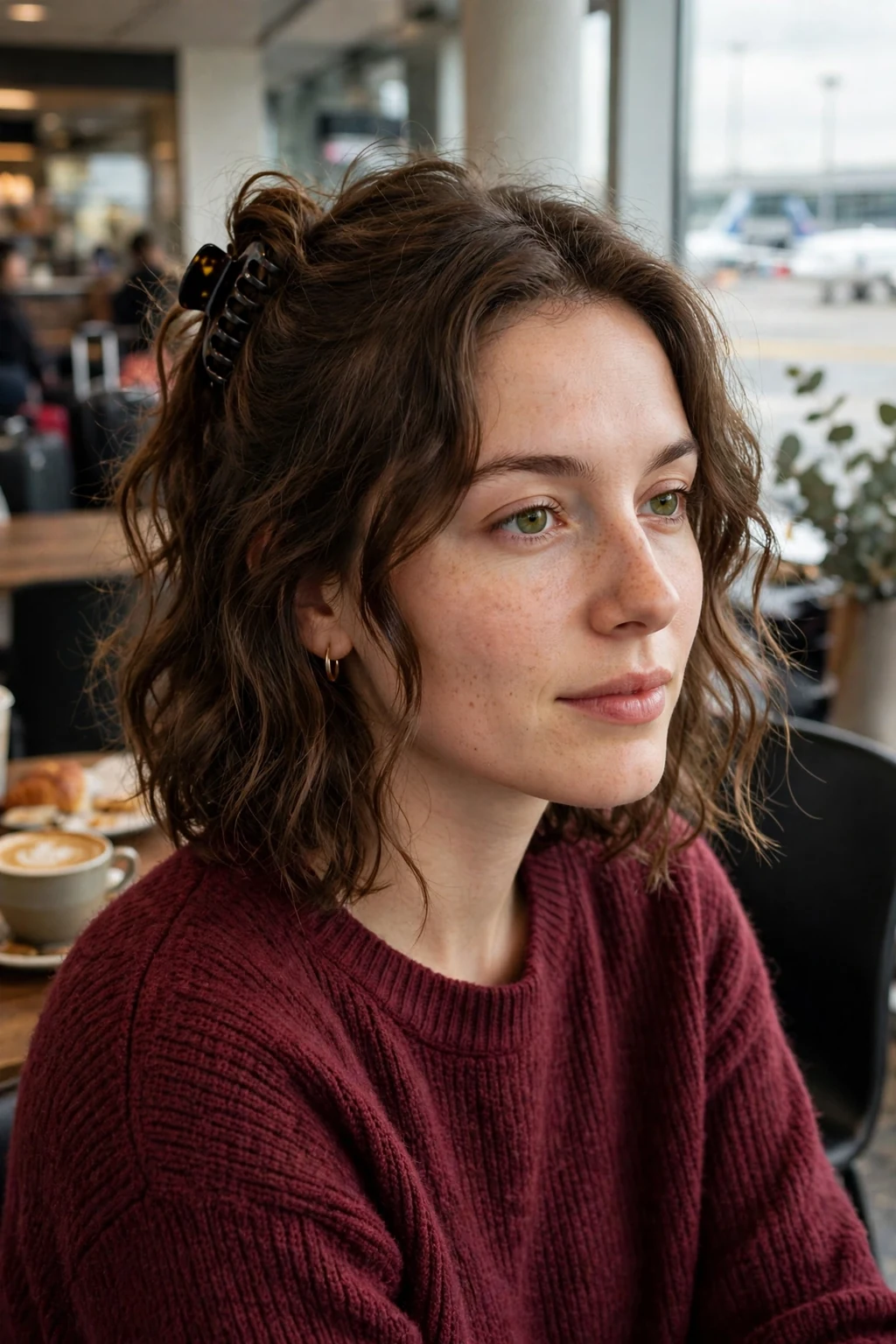Young woman with a wavy lob claw twist hairstyle in an airport cafe, wearing a burgundy sweater.
