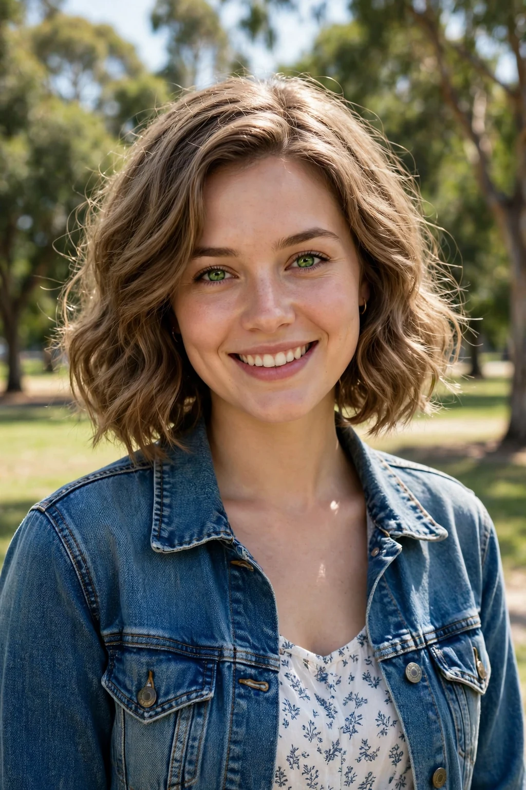 Young woman wearing a wavy lob wig with shoulder-length textured waves.
