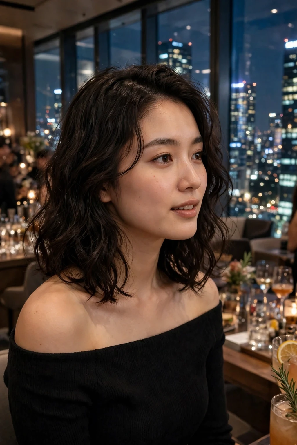 Young woman with a wavy lob with deep side part at a cocktail party, wearing a black off-shoulder top.