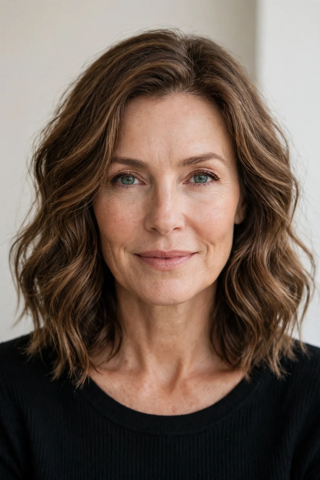Woman over 40 with wavy lob, soft modern waves, chic natural light.