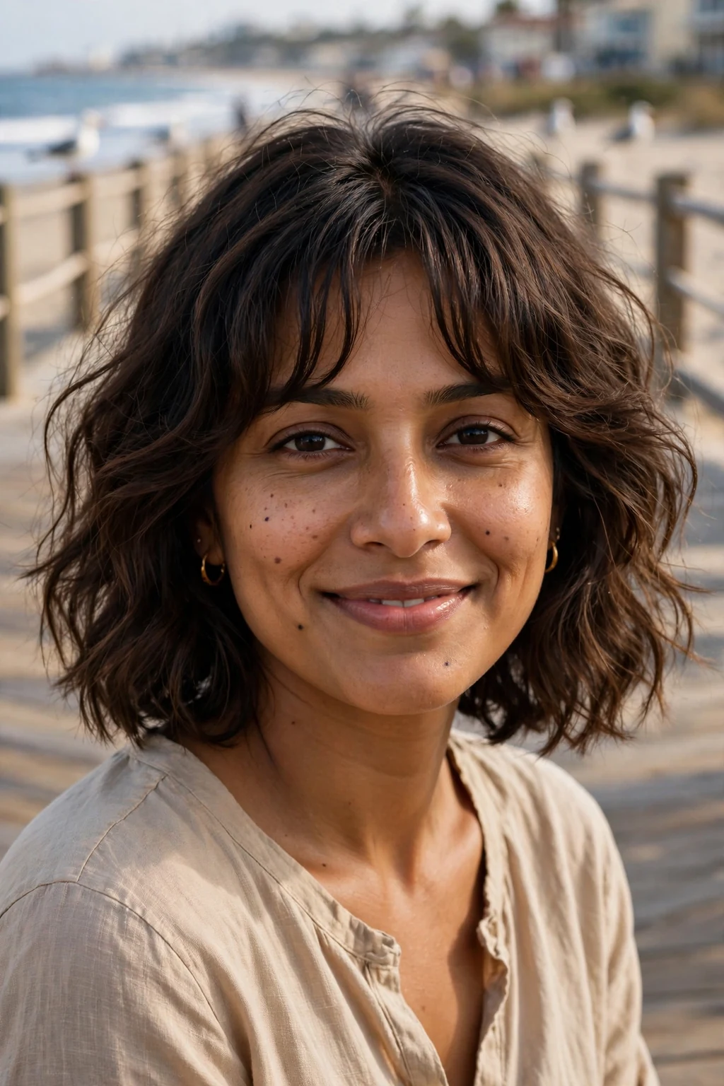 Beautiful woman with wavy lob and curtain bangs, tousled wavy lob with bangs, casual light.