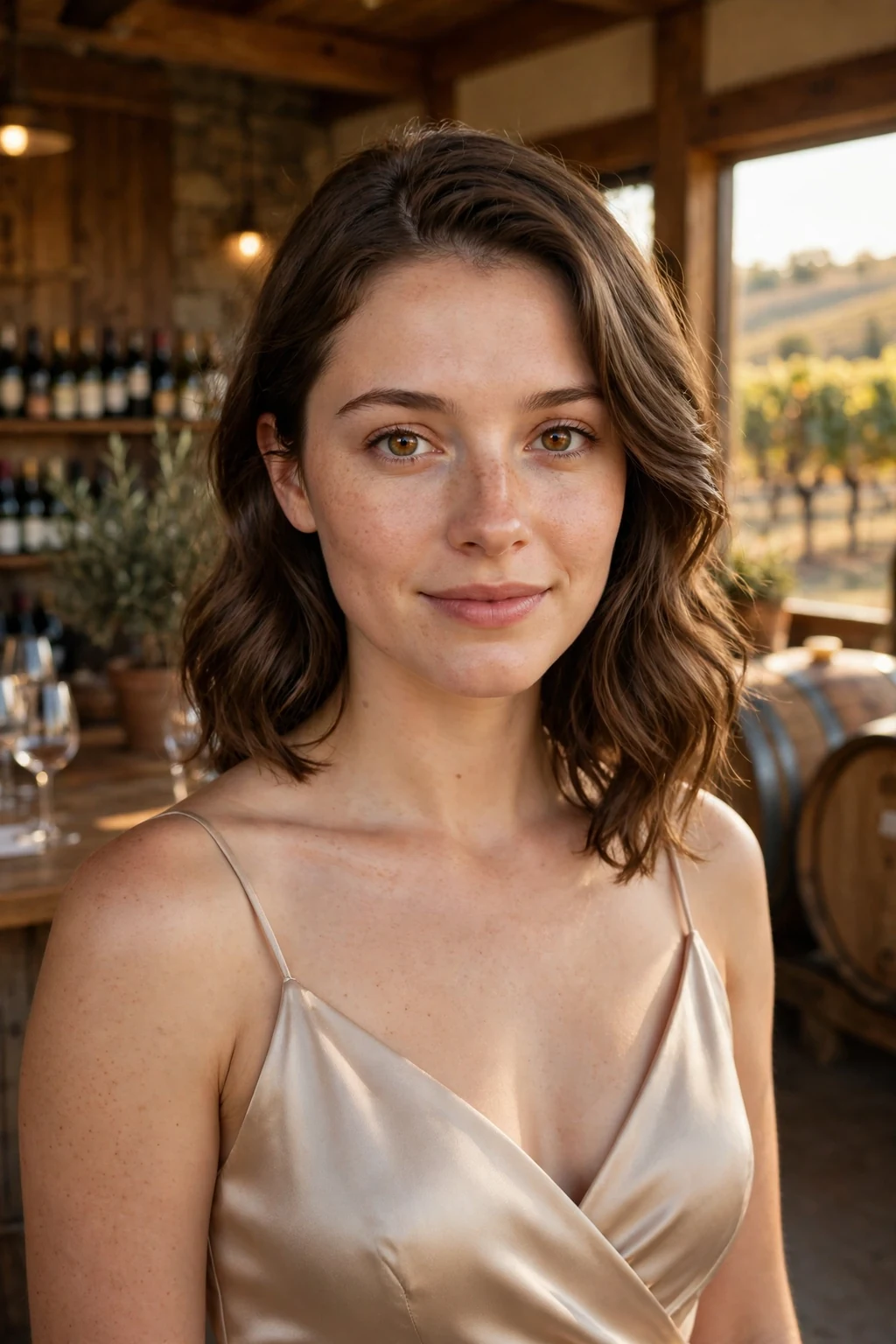Young woman with a wavy lob and deep side part at a wedding, wearing a champagne dress.