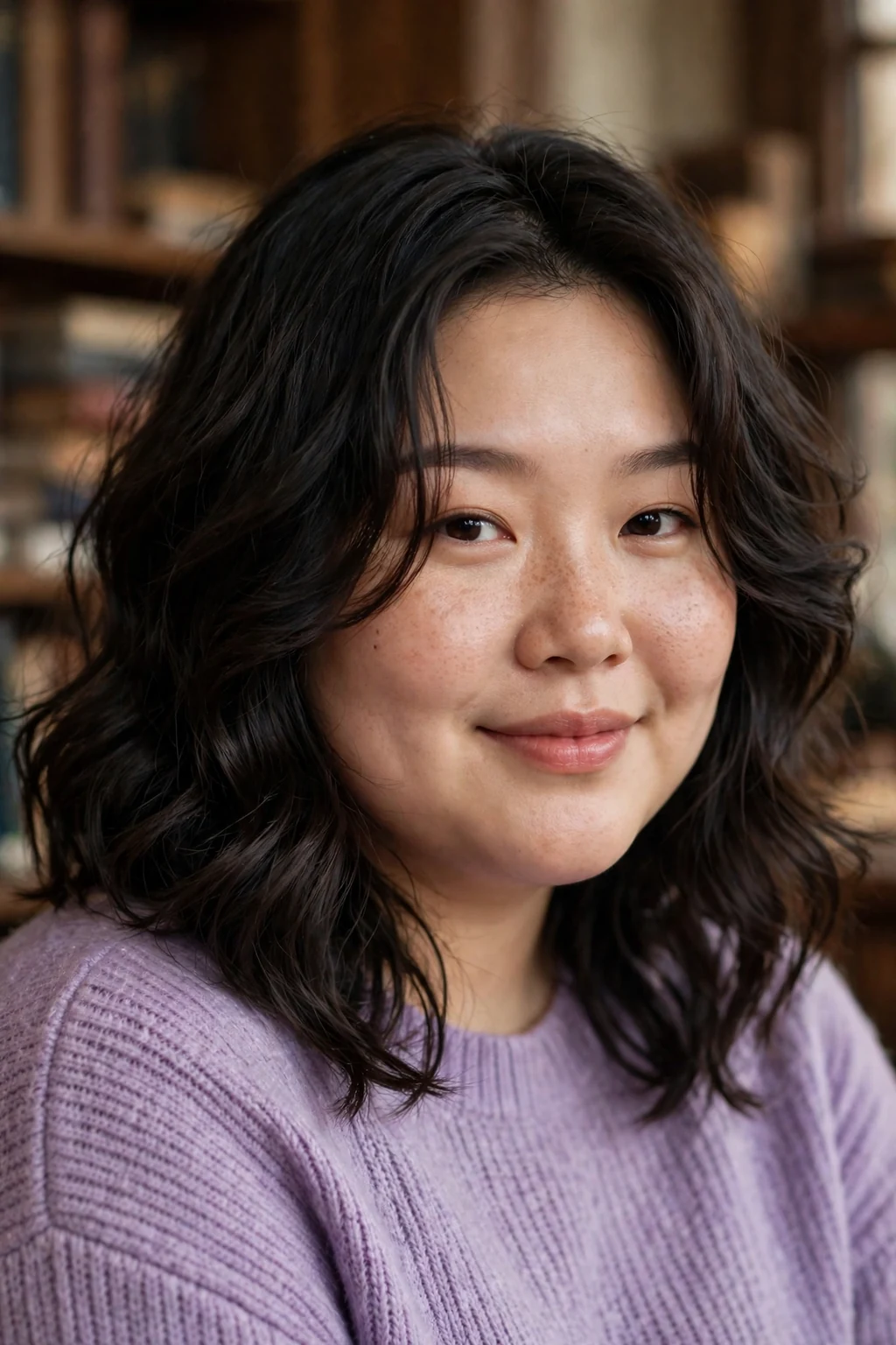 Plus-size East Asian woman in her late twenties with a wavy lob with face framing, wearing a lilac sweater in a cozy library.