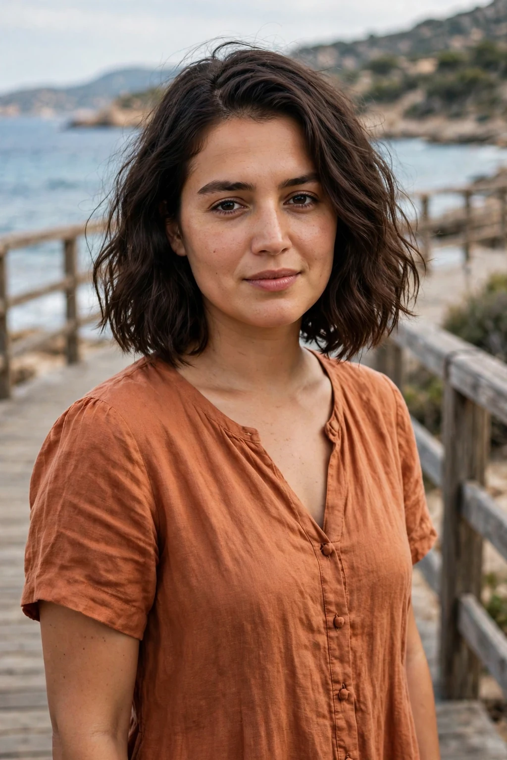 Young woman with a round face wearing a wavy lob with an off-center part.