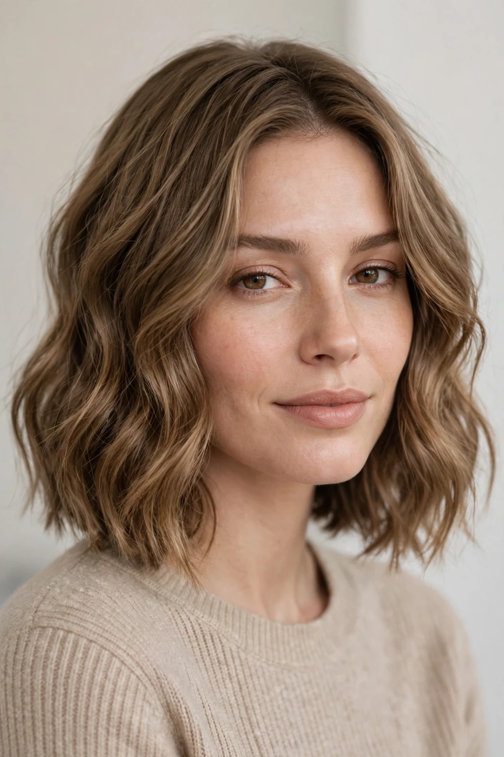 Woman with wavy lob, soft modern waves, chic relaxed light.