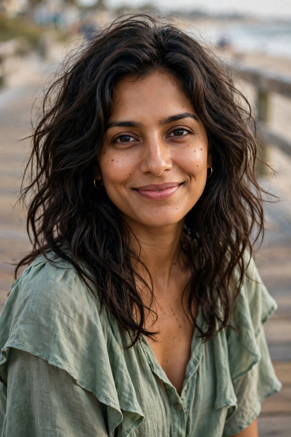 Beautiful woman with wavy long shag, tousled wavy long shag, beachy light.