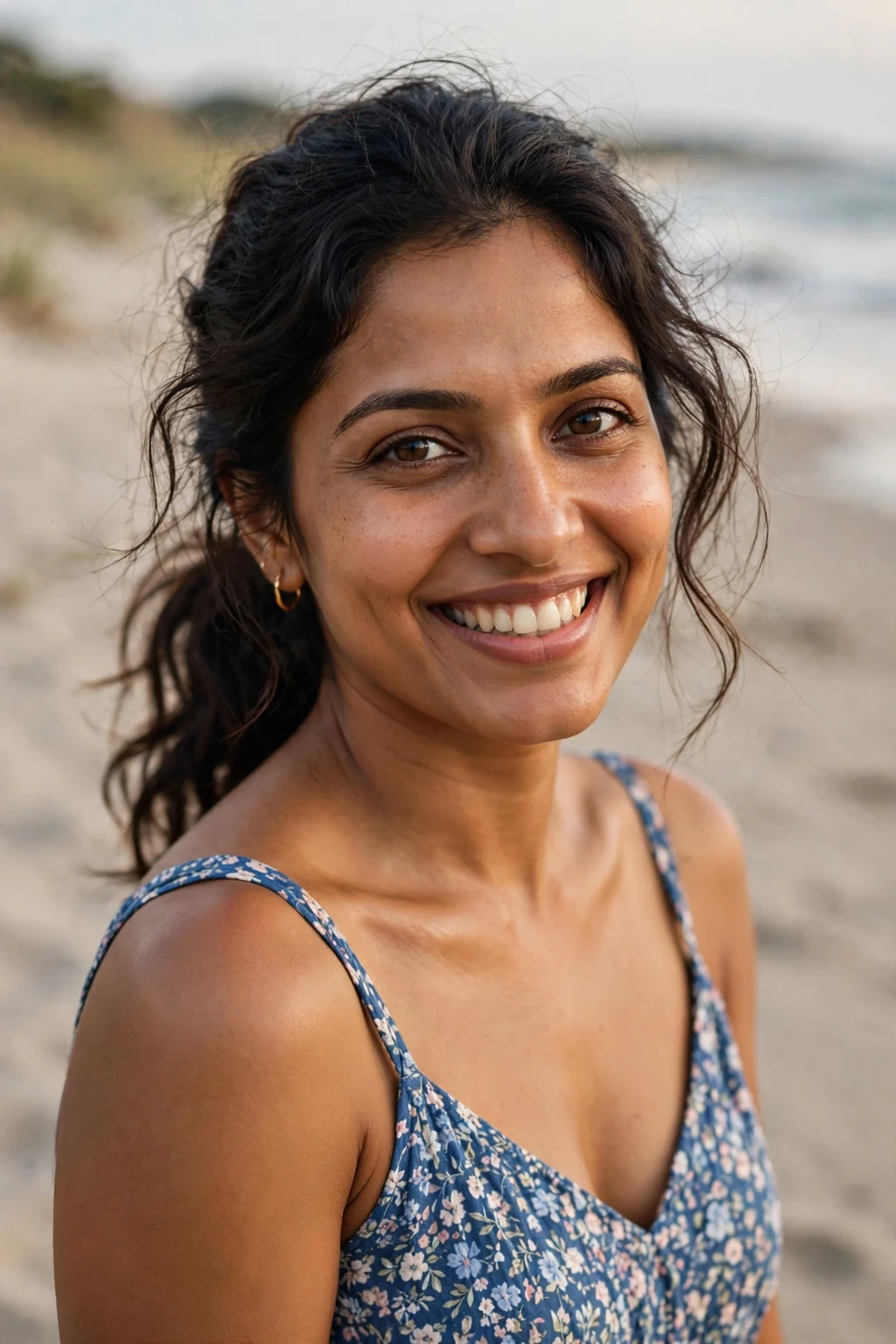 Beautiful woman with low pony with waves, tousled wavy low pony, beachy light.