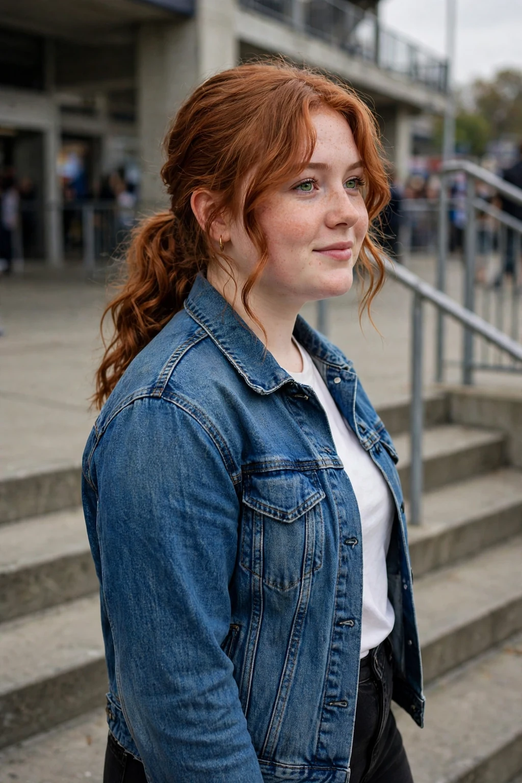 Young woman at a stadium entrance in a denim jacket with a wavy low ponytail and face framing layers.