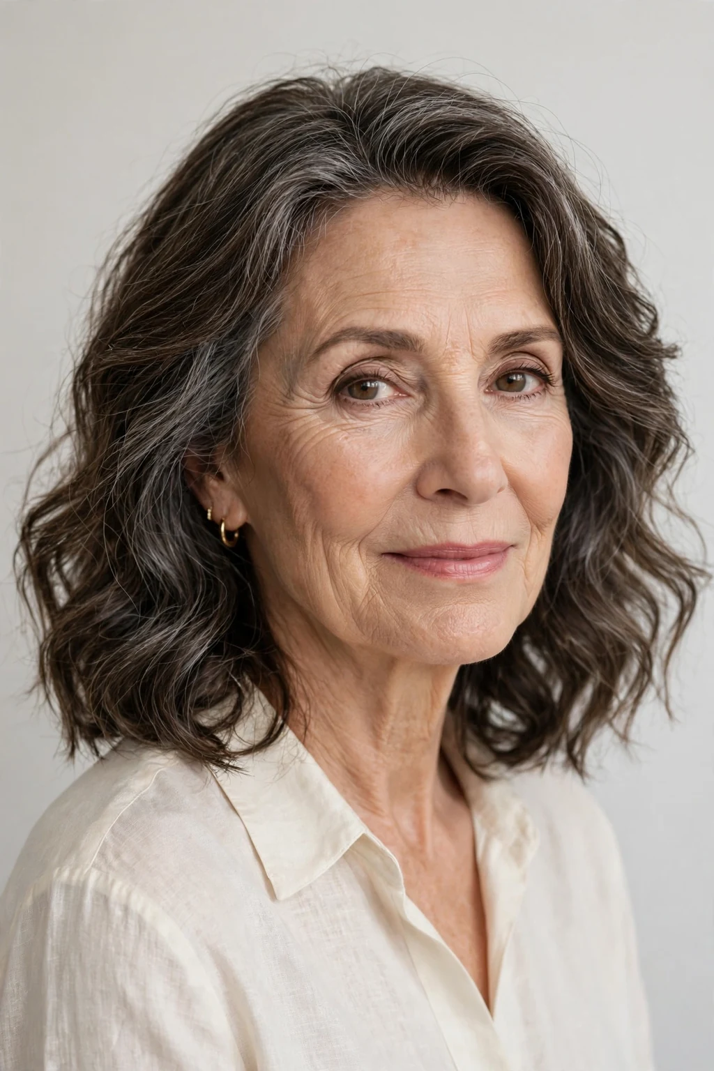 Elegant woman over 60 with wavy medium hair, soft natural waves, chic relaxed light.
