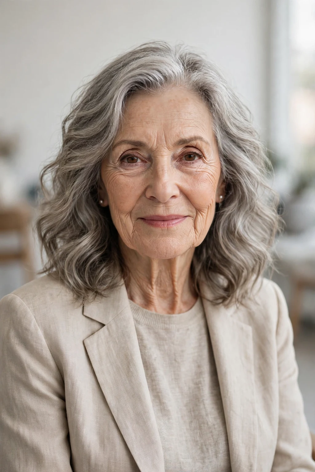 Elegant woman over 70 with wavy medium hair, soft natural waves, chic relaxed light.