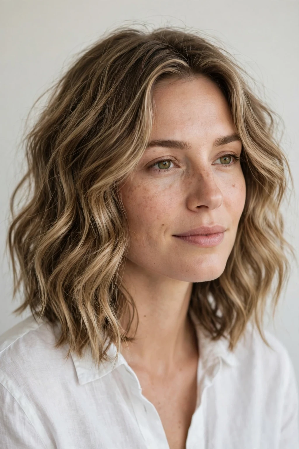 Woman with wavy medium cut, soft beachy waves, relaxed natural light.
