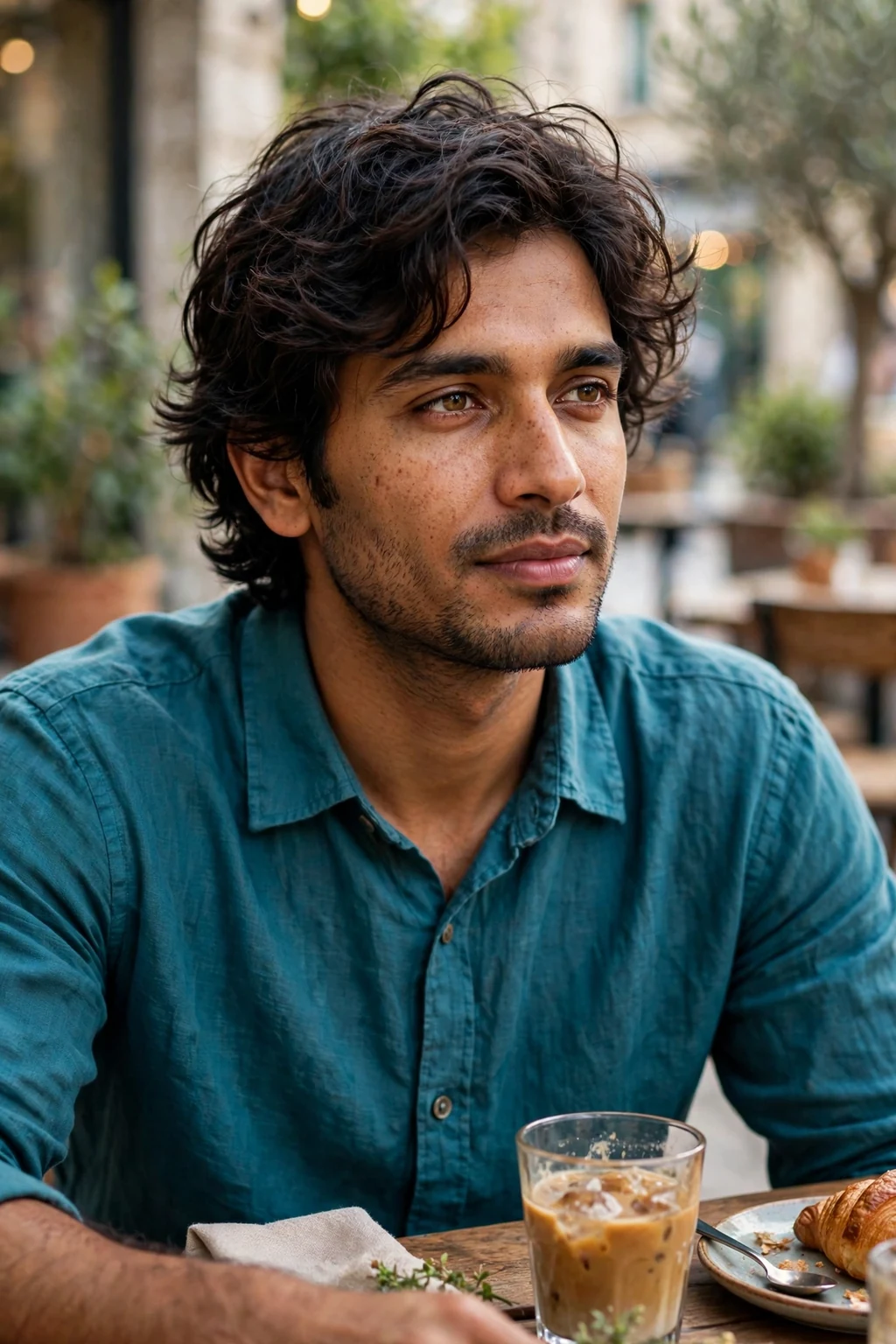 Man with a wavy medium shag haircut, layered shaggy waves falling around the face.