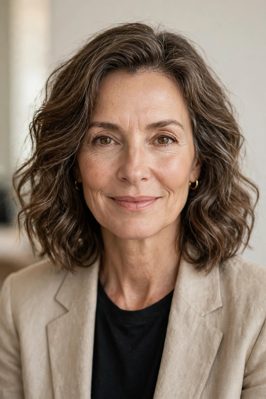 Elegant woman over 50 with wavy medium hair, soft natural waves, chic relaxed light.