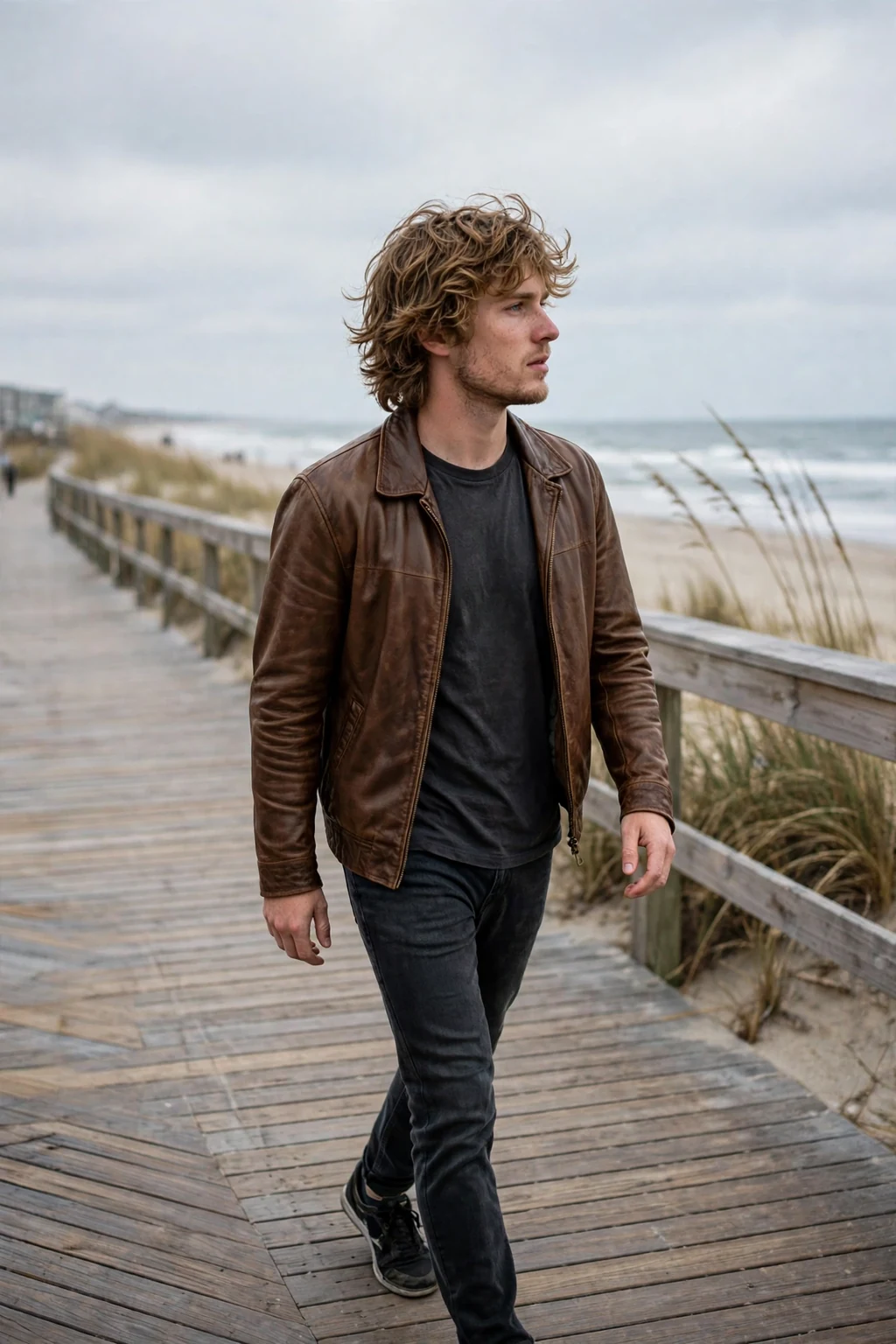 Young man with a wavy mid-length shag for thick hair, wearing a brown leather jacket at a beach boardwalk.