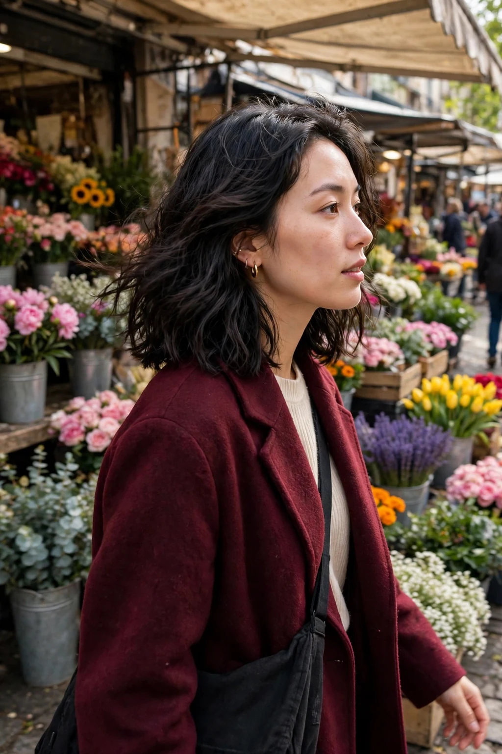 Young woman with a wavy midi cut and natural movement, walking through a flower market wearing a cream-free burgundy coat.