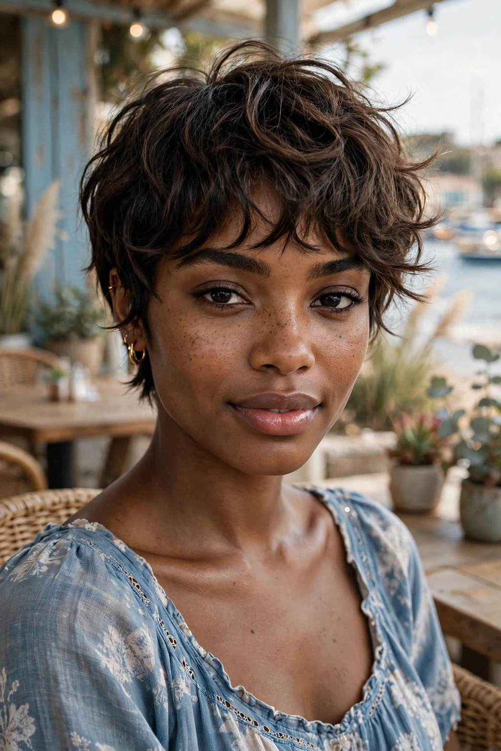 Beautiful woman with wavy pixie bangs, tousled wavy pixie bangs, beachy light.