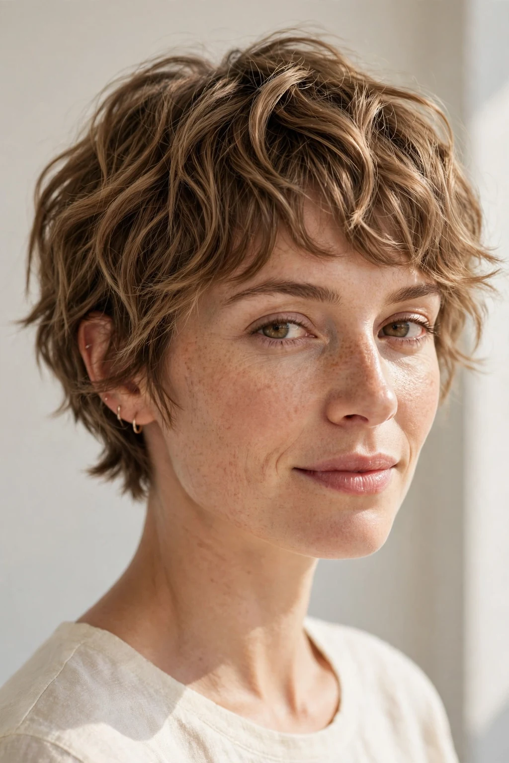 Woman with wavy pixie bob, soft waves with short texture, beachy light.