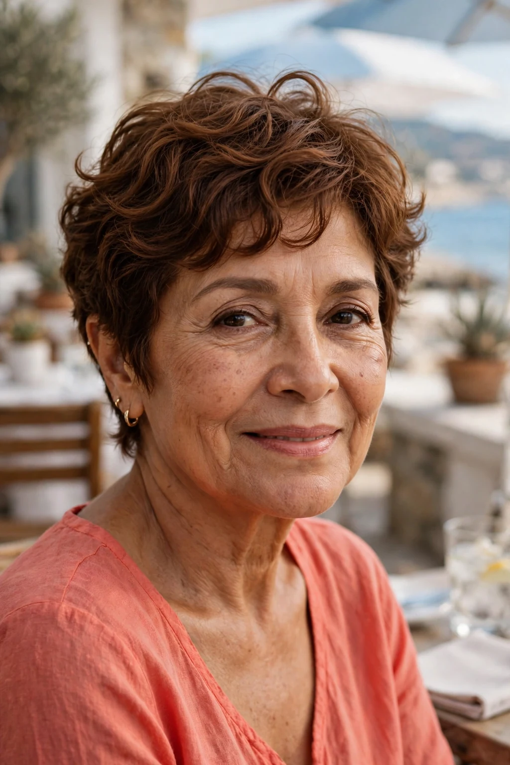 A Hispanic woman in her early sixties with a wavy pixie haircut, wearing a coral top at a seaside cafe.