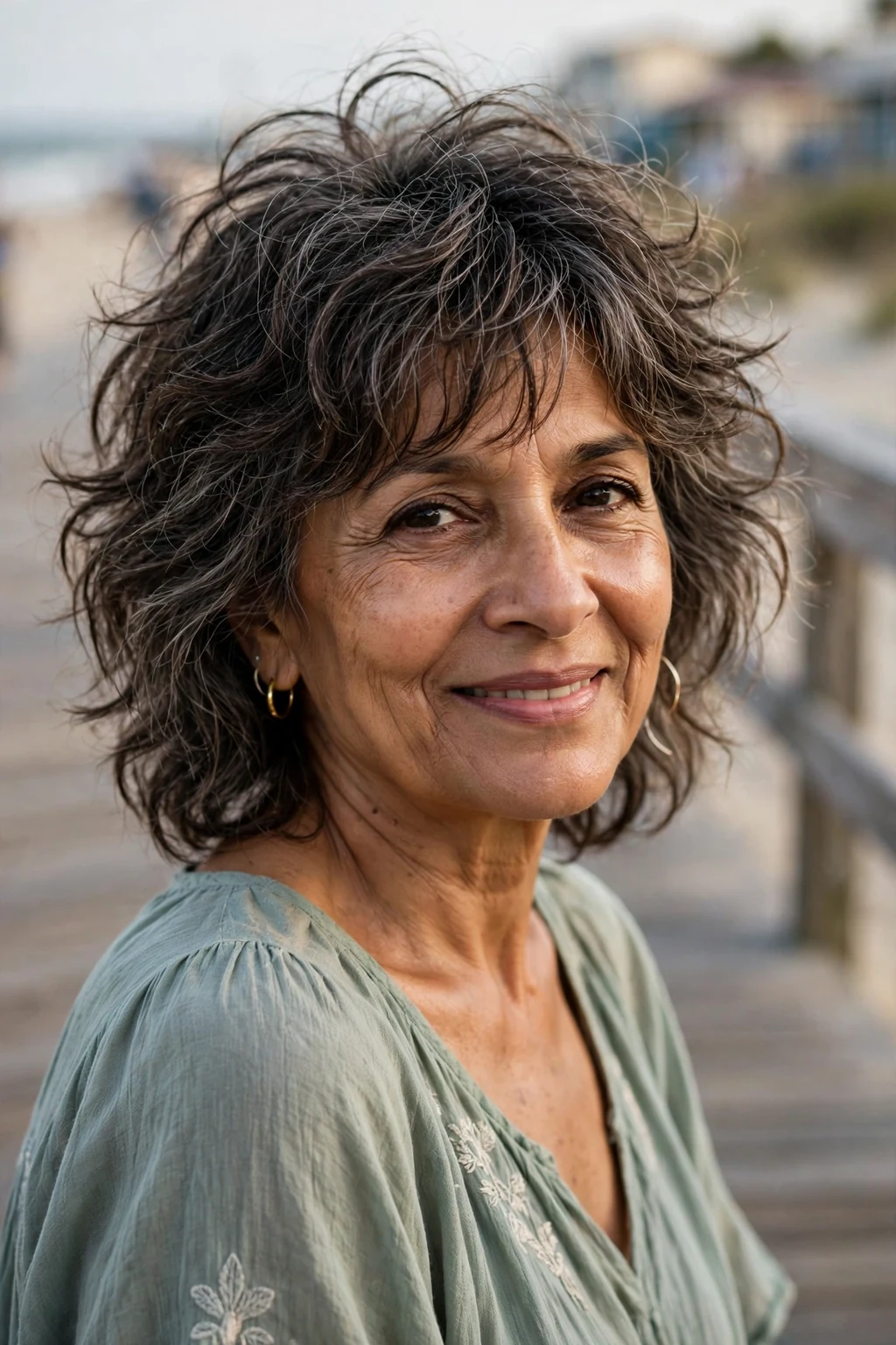 Beautiful woman over 60 with wavy shag, tousled wavy shag, beachy light.